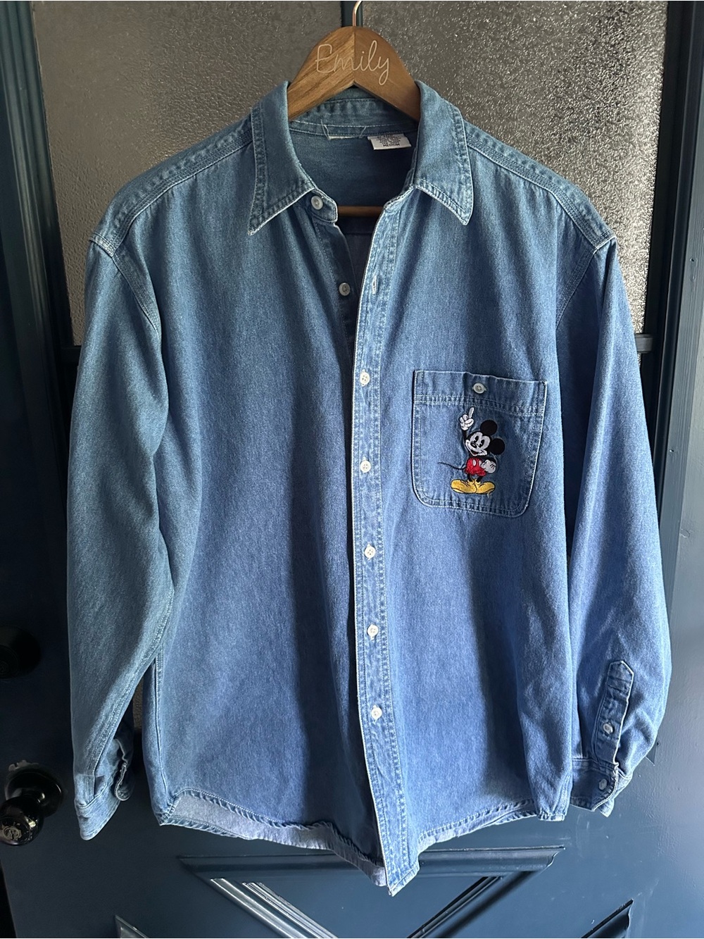 Vintage Disney Denim Button-Down Shirt with Mickey Mouse Pocket